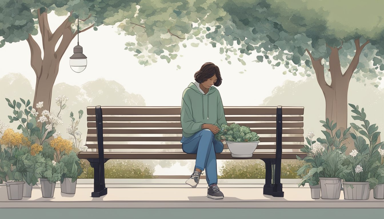 A person sitting on a park bench, surrounded by wilted flowers and a pale complexion. A glass of water and a bowl of leafy greens on a nearby table