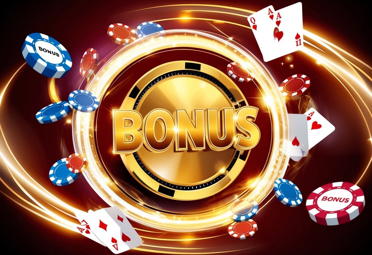 Brightly lit casino chips and playing cards swirling around a golden bonus symbol