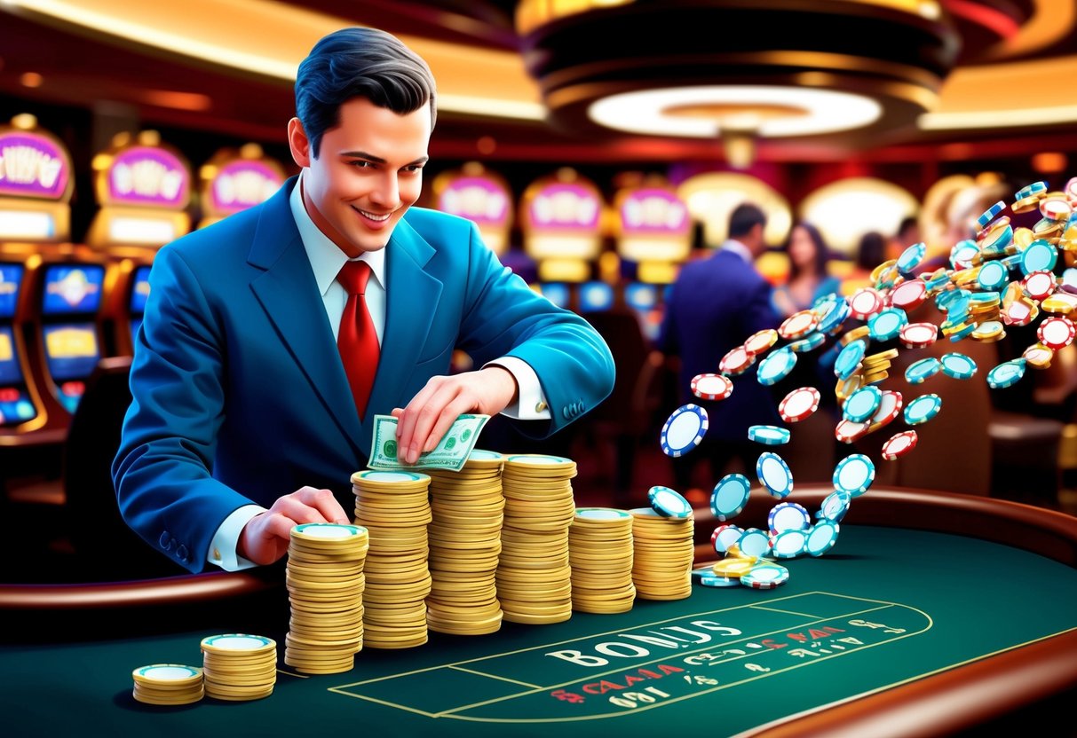 A casino operator counting stacks of money as a stream of bonus chips flows into the casino, attracting new customers