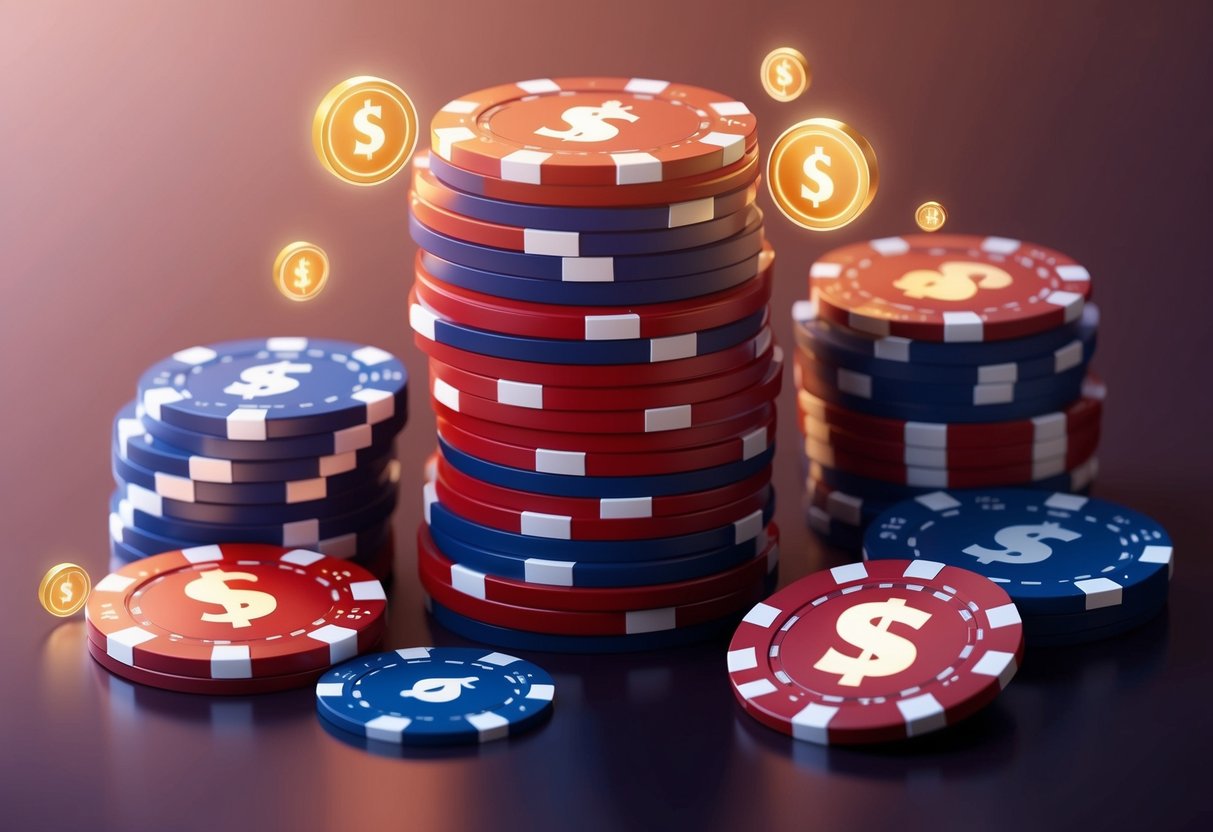 A stack of casino chips surrounded by glowing bonus symbols