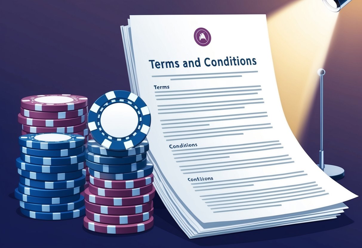 A stack of casino chips and a set of terms and conditions documents, with a spotlight shining on the chips