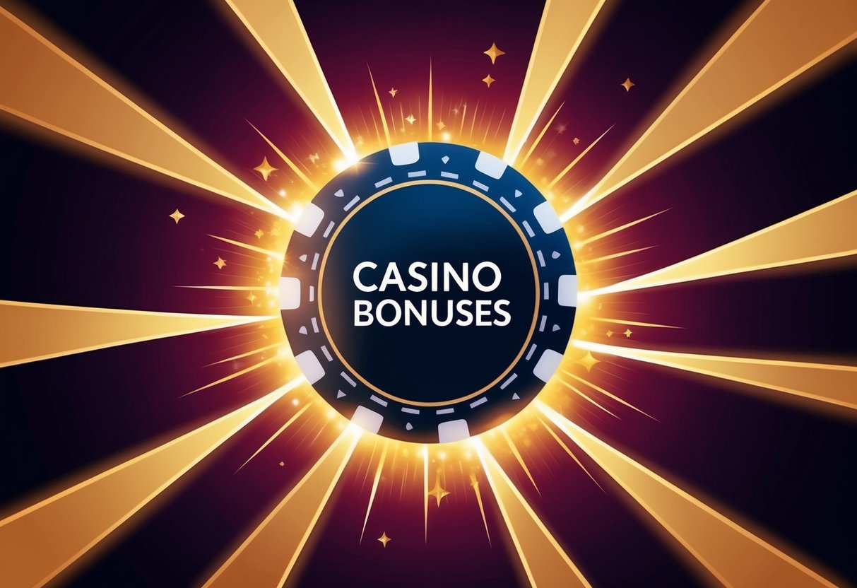 A casino chip surrounded by glowing beams, symbolizing the allure and influence of casino bonuses on responsible gaming