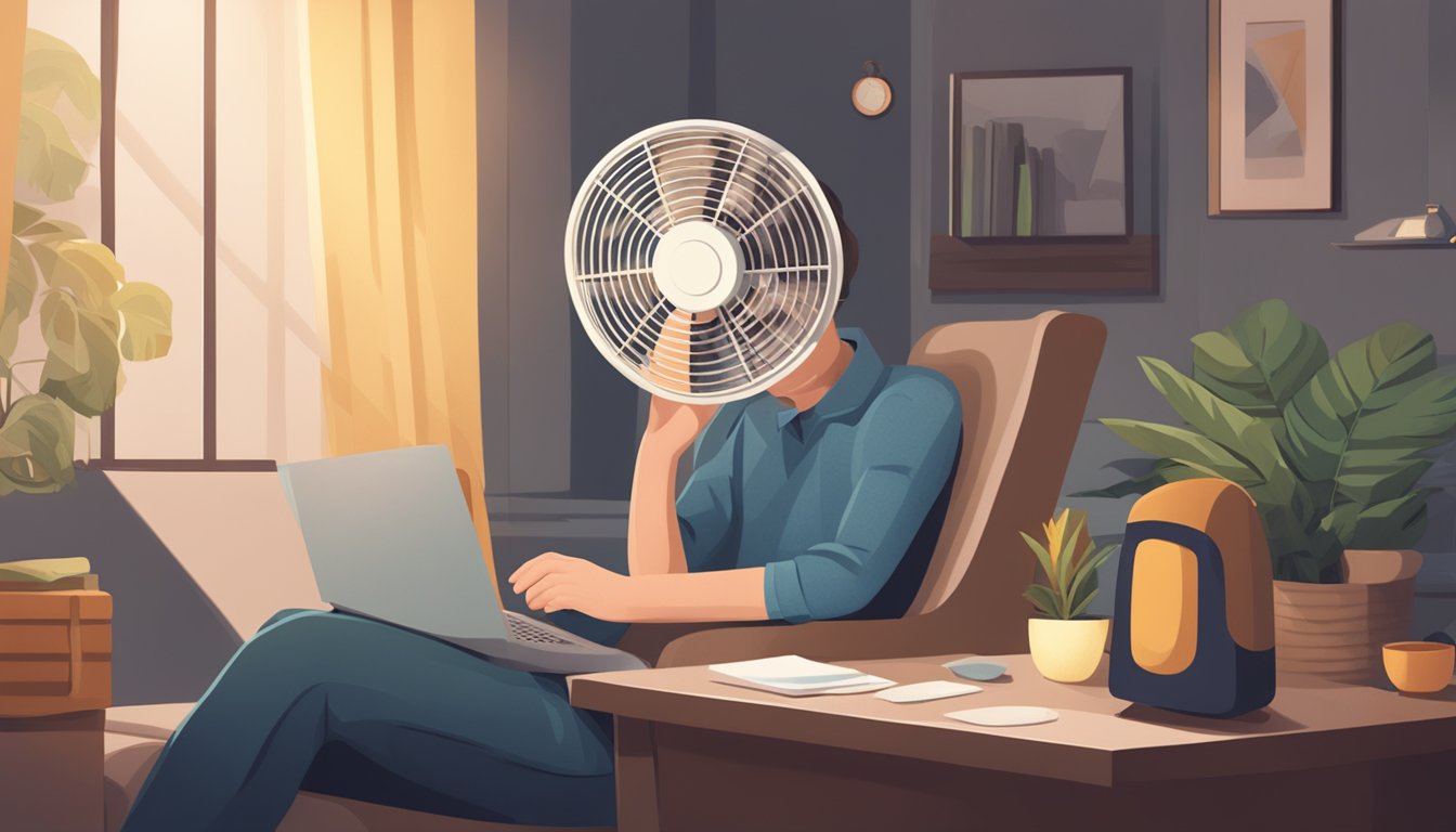 A person holding a cold compress to their forehead while sitting in a dimly lit room with a fan blowing