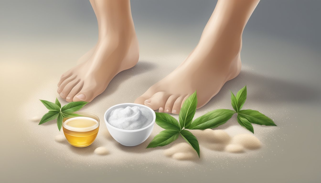 A pair of feet standing on a clean, dry surface, surrounded by antifungal powders, creams, and natural remedies like tea tree oil and vinegar