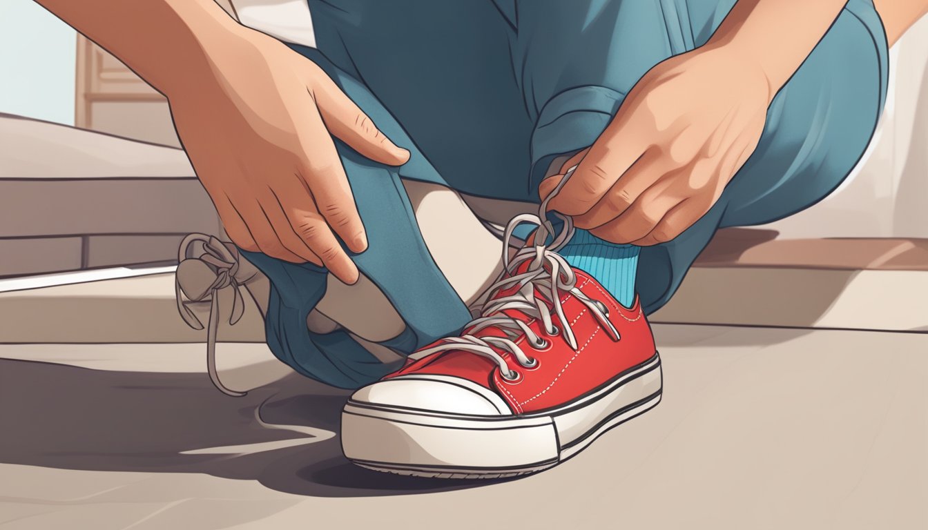 A person removing their shoes and socks, revealing red, itchy skin on the bottom of their foot