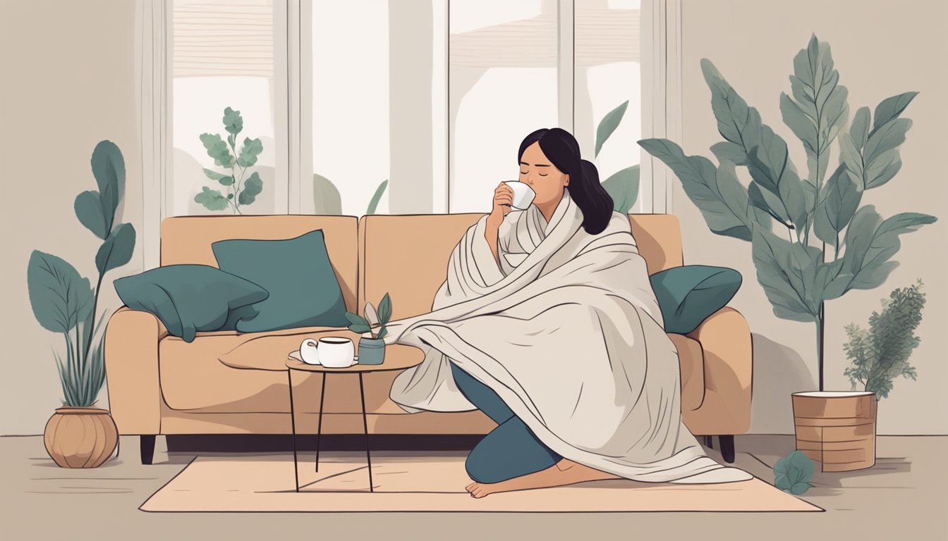 A person sitting on a couch, wrapped in a blanket, coughing and holding their chest. A humidifier and herbal tea on the table