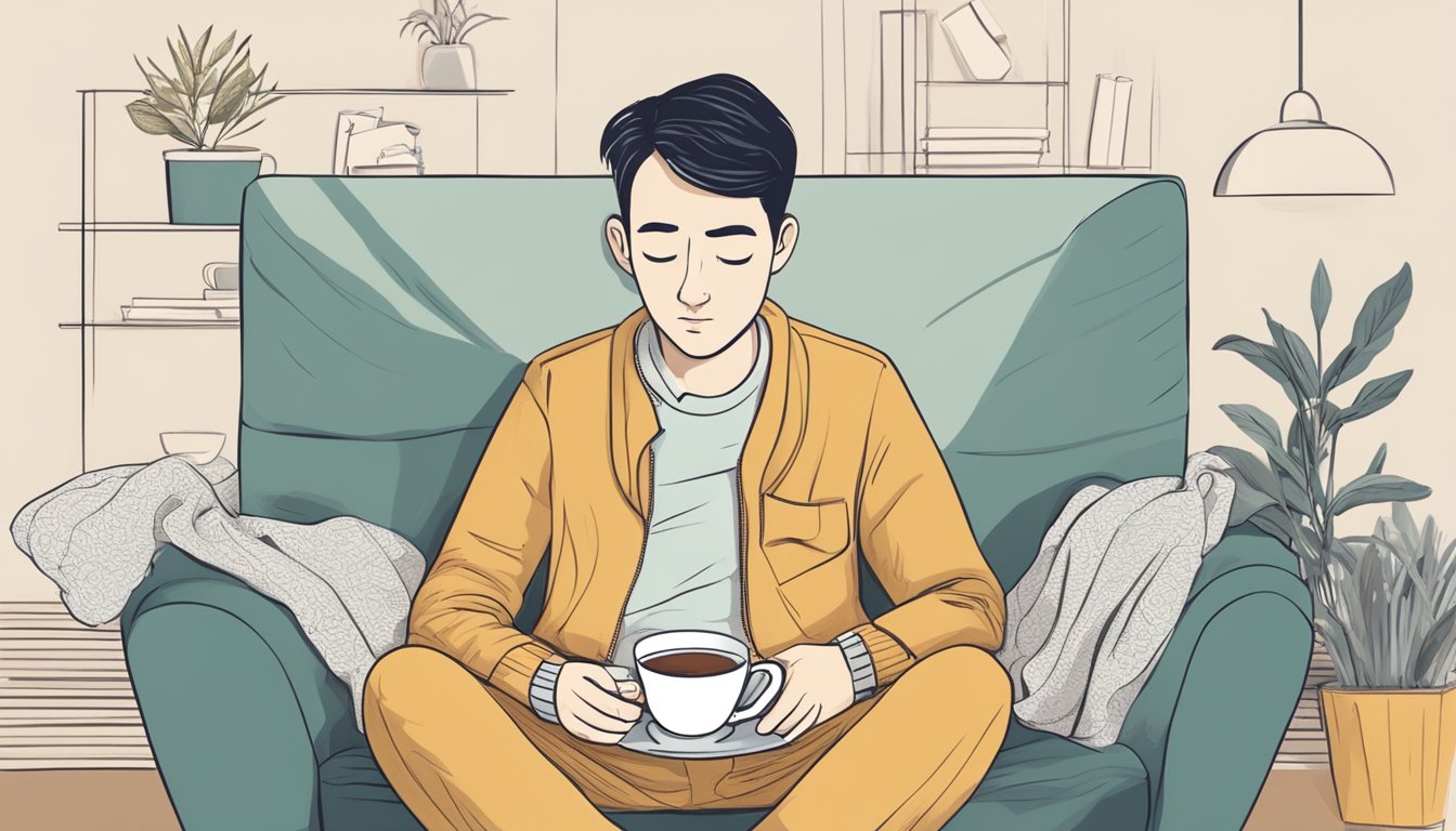 A person sitting on a couch with a warm cup of tea, surrounded by tissues and cough drops, while looking fatigued and holding their chest in discomfort