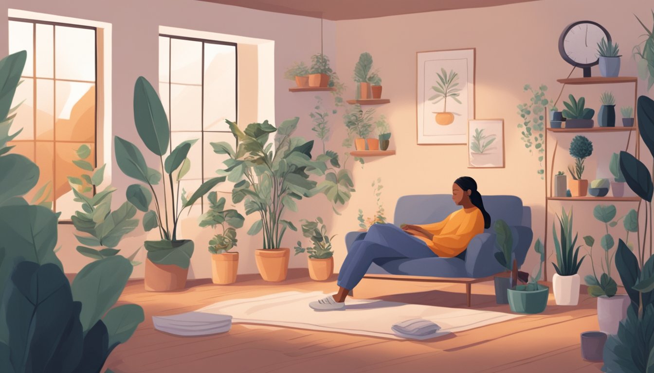 A person sitting in a cozy room, surrounded by calming elements like plants, essential oils, and soothing music, while practicing deep breathing exercises