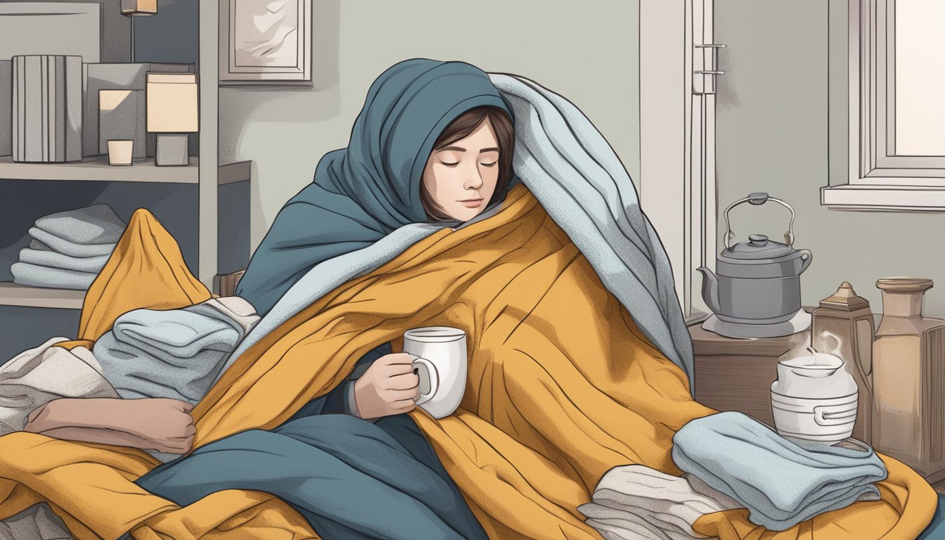 A person bundled up in blankets, surrounded by tissues and hot tea, with a thermometer nearby