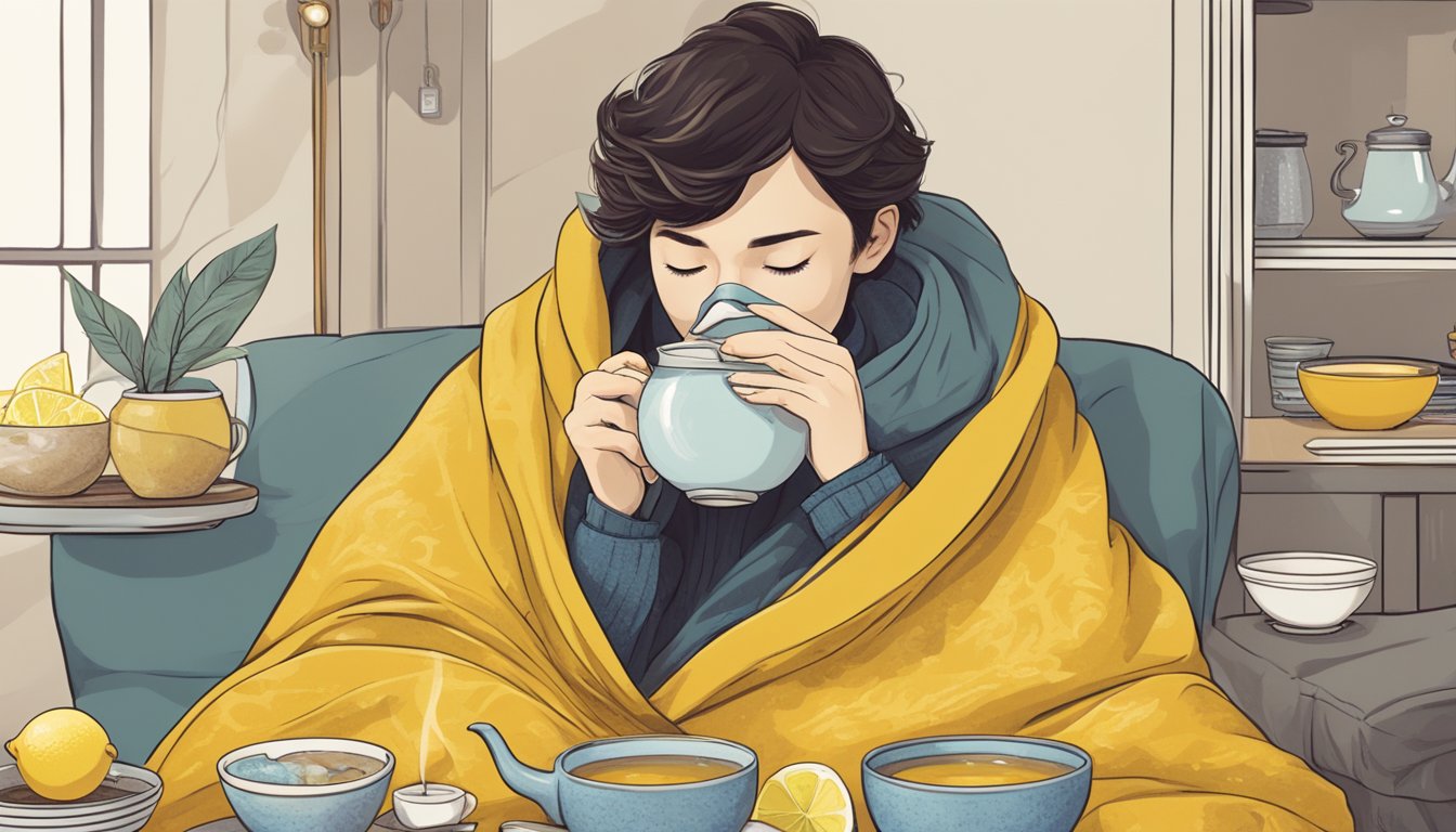 A person wrapped in a cozy blanket, sipping on hot tea with lemon, surrounded by bowls of soup, tissues, and a vaporizer