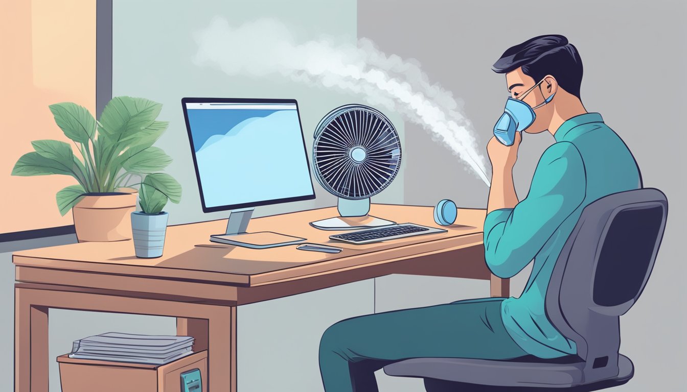 A person sitting at a computer with a fan blowing and a humidifier in the background to prevent dry eye complications