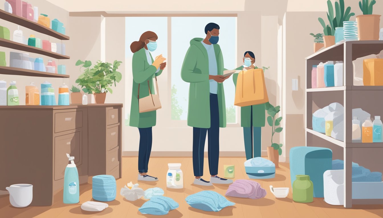 A person standing in a clean, well-lit room, surrounded by various items such as tissues, a humidifier, herbal teas, and a face mask, all aimed at preventing and treating cough symptoms