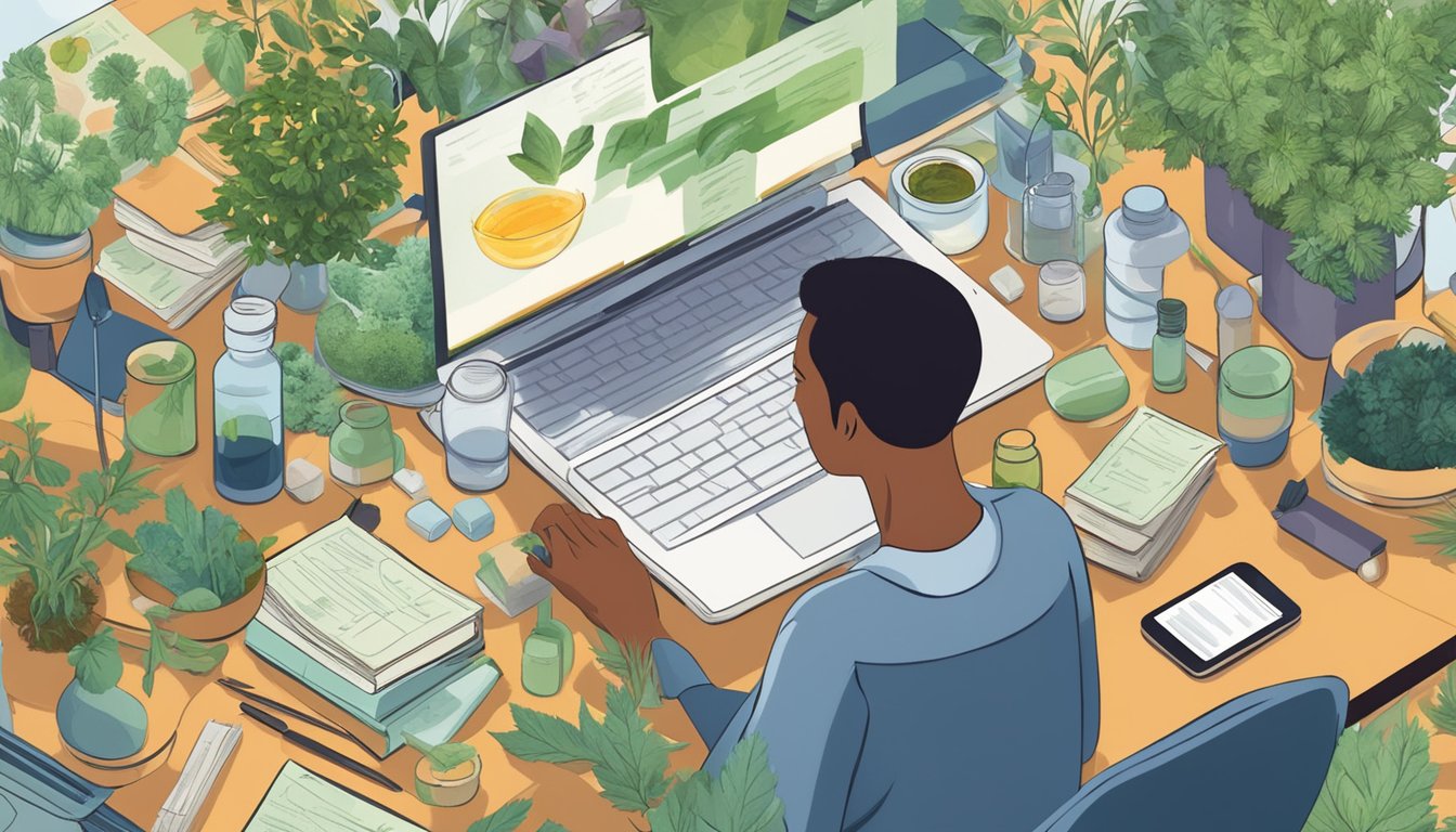 A person researching symptoms online, surrounded by herbal remedies and medical books