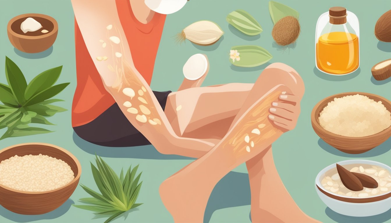 A person with red, inflamed skin scratching at their arms and legs, surrounded by various natural remedies such as oatmeal, coconut oil, and aloe vera