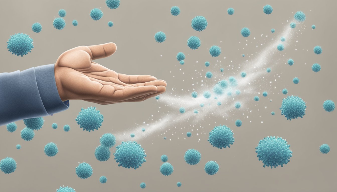 Virus particles spreading through the air from a sneeze, landing on surfaces and being picked up by unwashed hands