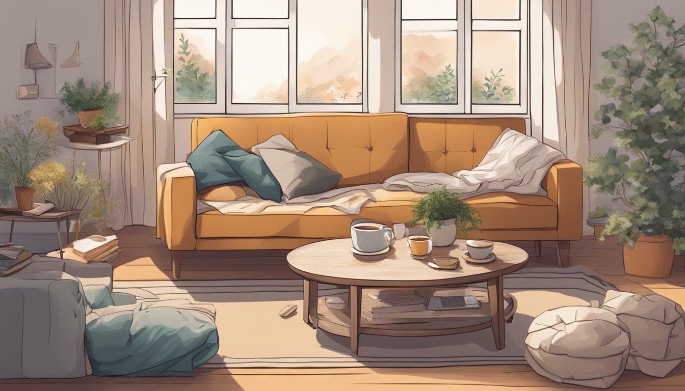 A cozy living room with a person resting on a couch, surrounded by tissues, a warm blanket, and a cup of herbal tea