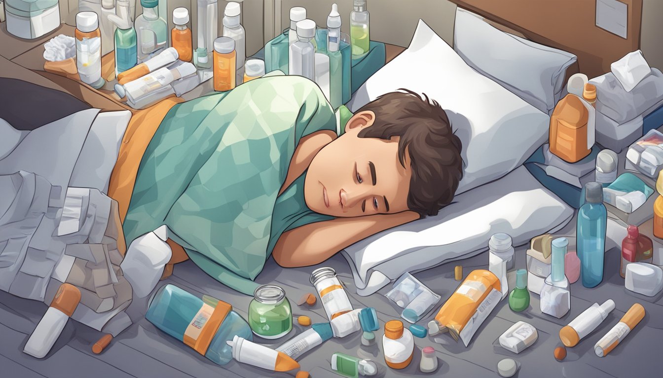 A person lying in bed with a thermometer in their mouth, surrounded by tissues and medicine bottles