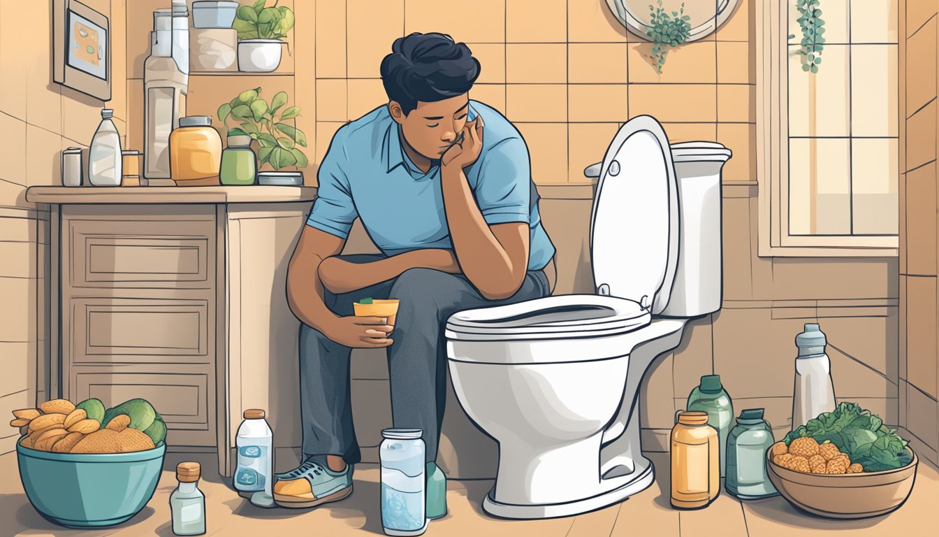 A person sitting on a toilet, looking uncomfortable, with a bottle of water and a bowl of fiber-rich foods nearby