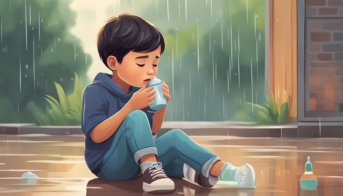 A child playing outside in the rain, holding their ear in discomfort. A parent looks concerned, holding a hot water bottle and a bottle of ear drops