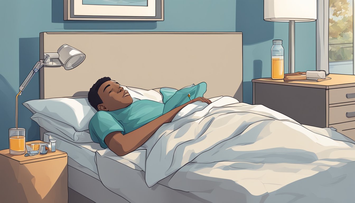 A person lying in bed with a thermometer in their mouth, a trash can nearby, and a glass of water on the bedside table