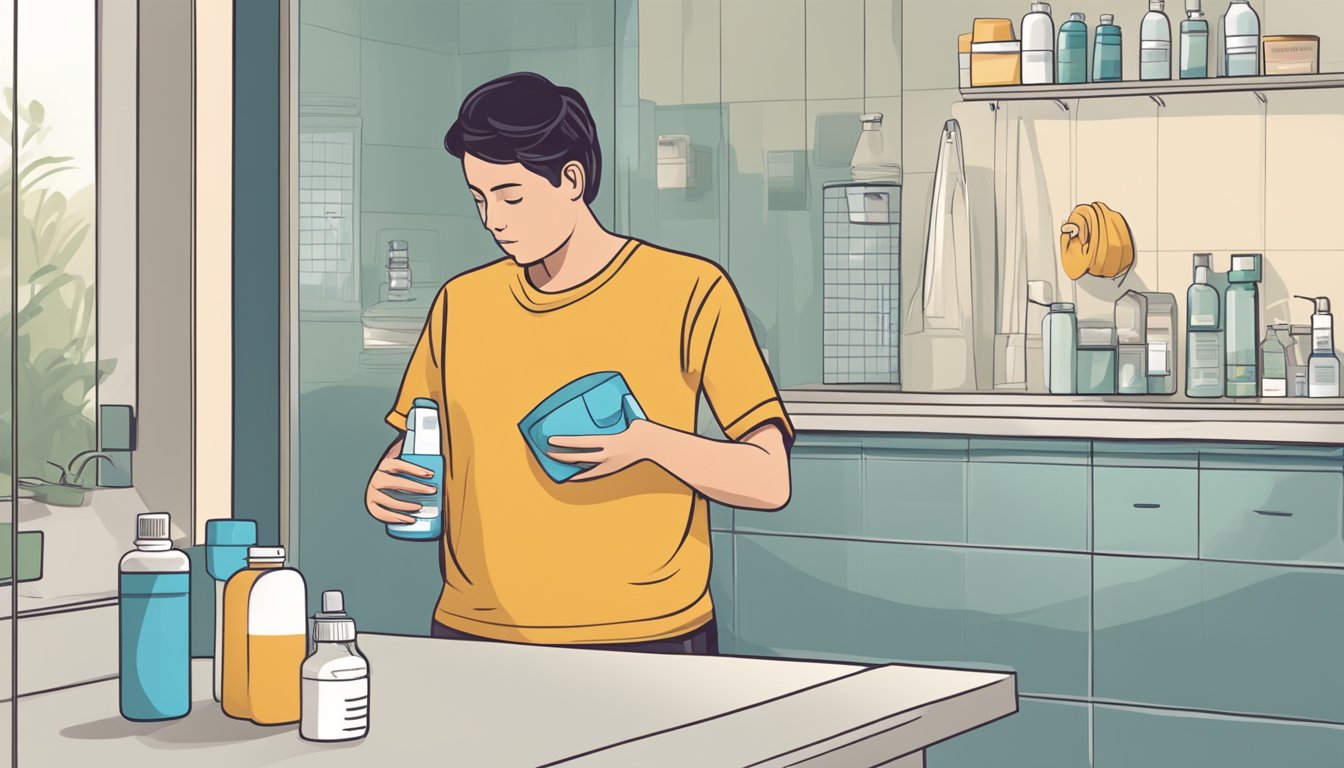 A person holding their stomach in discomfort, with a bathroom in the background and a bottle of over-the-counter medication on the counter