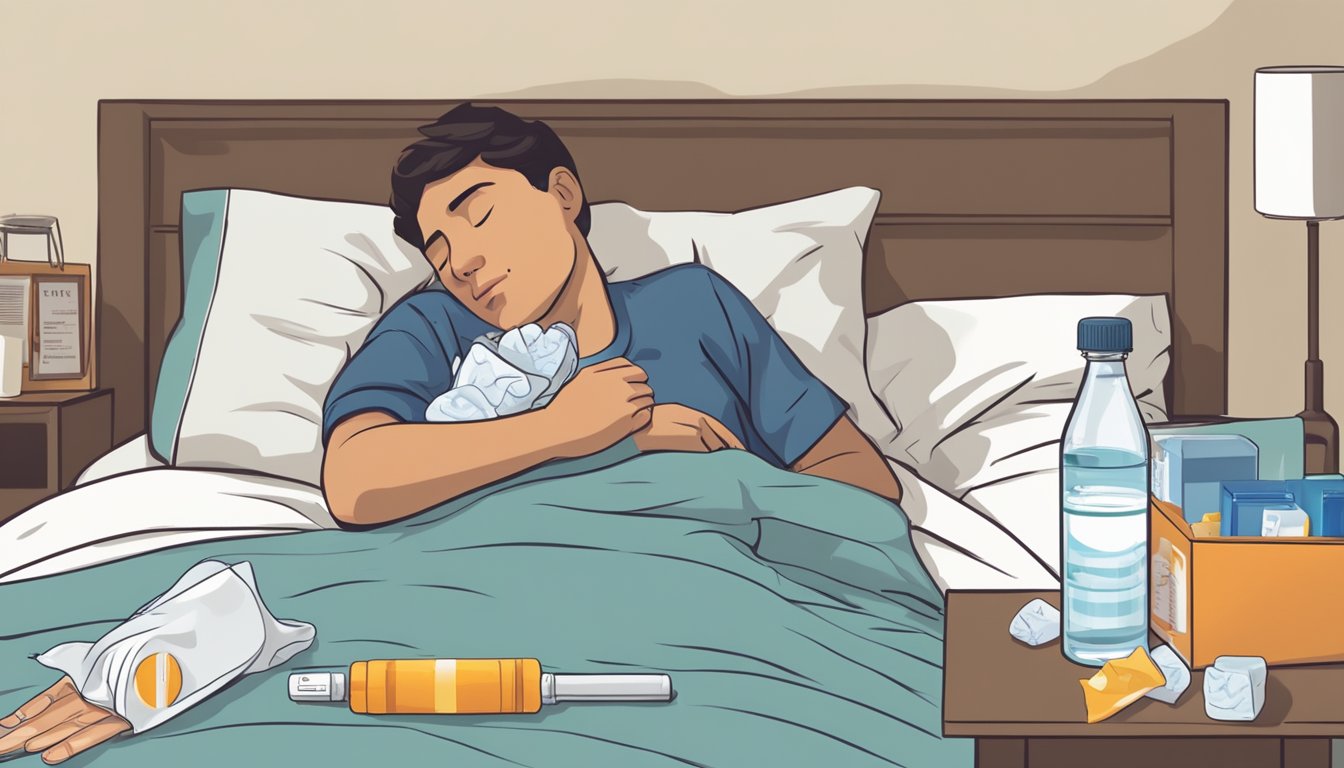 A person resting in bed with a thermometer in their mouth, surrounded by a glass of water, a box of tissues, and a bottle of fever medication