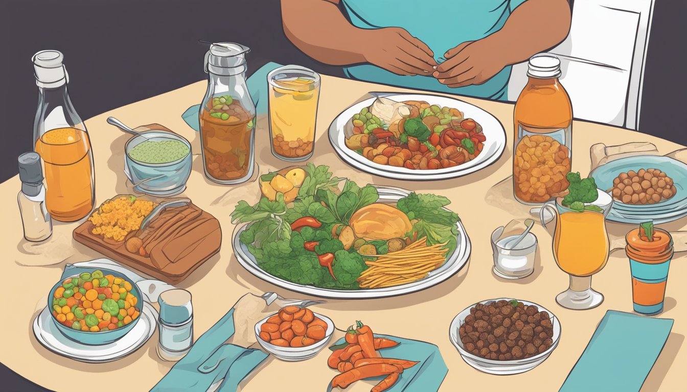 A table with various foods and drinks, including spicy, fatty, and acidic items. A person holding their stomach in discomfort