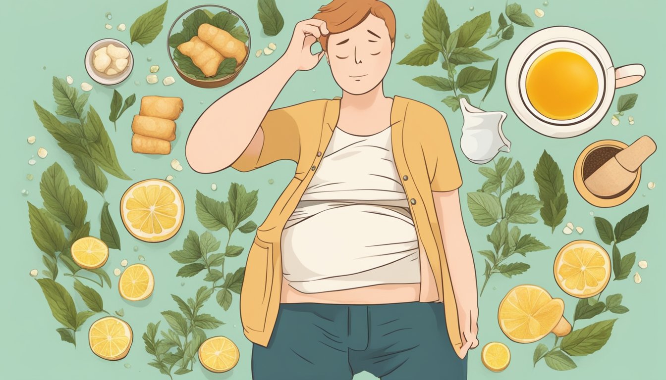 A person holding their stomach with a pained expression, surrounded by various home remedies like ginger, peppermint, and chamomile tea