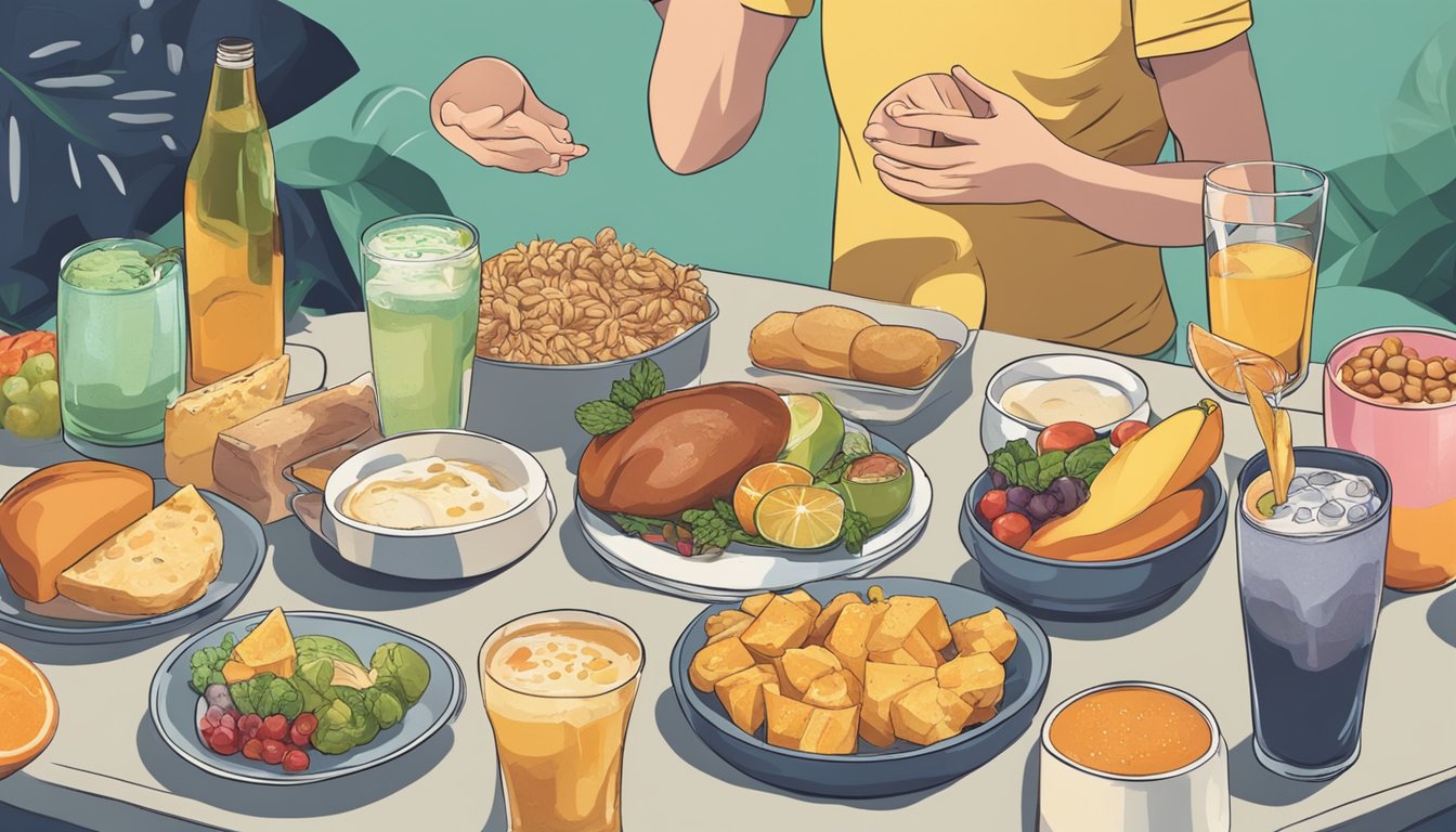 A person clutching their stomach in discomfort while surrounded by various foods and drinks