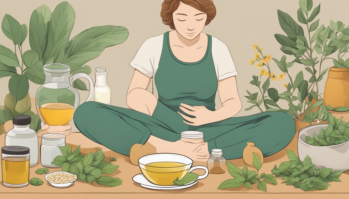 A person sitting in discomfort, clutching their stomach, surrounded by various home remedies such as ginger, peppermint, and chamomile tea