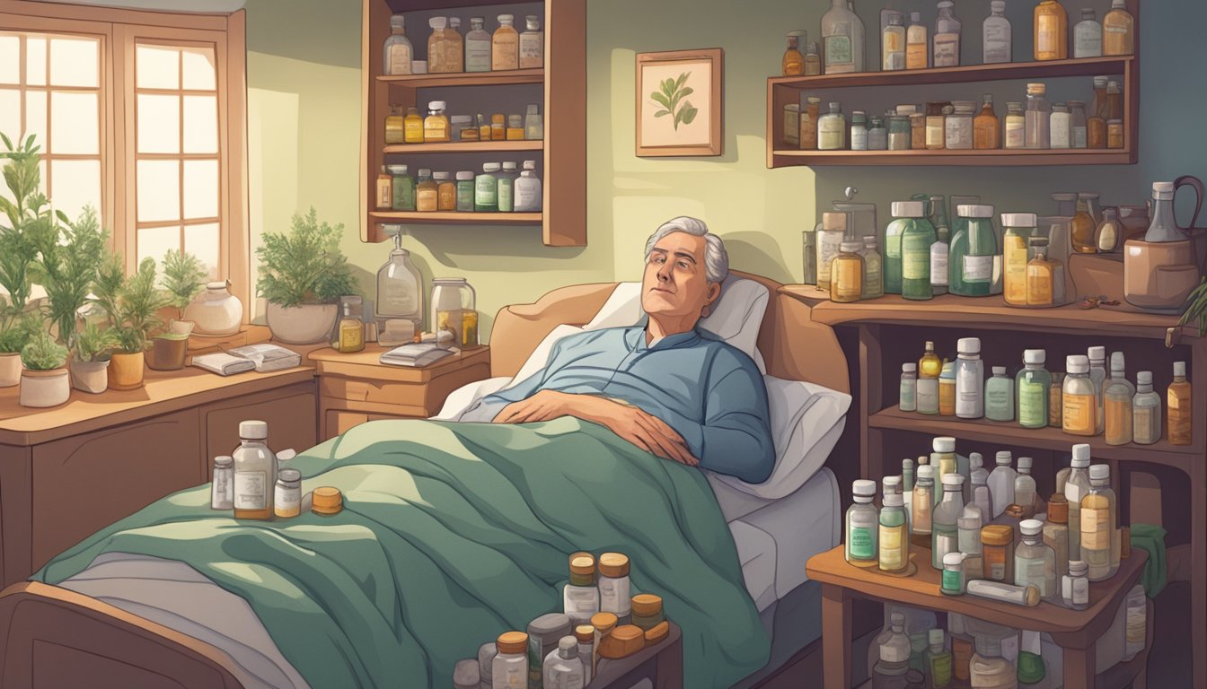 A person lying in bed, surrounded by empty pill bottles and herbal remedies, with a concerned family member looking on