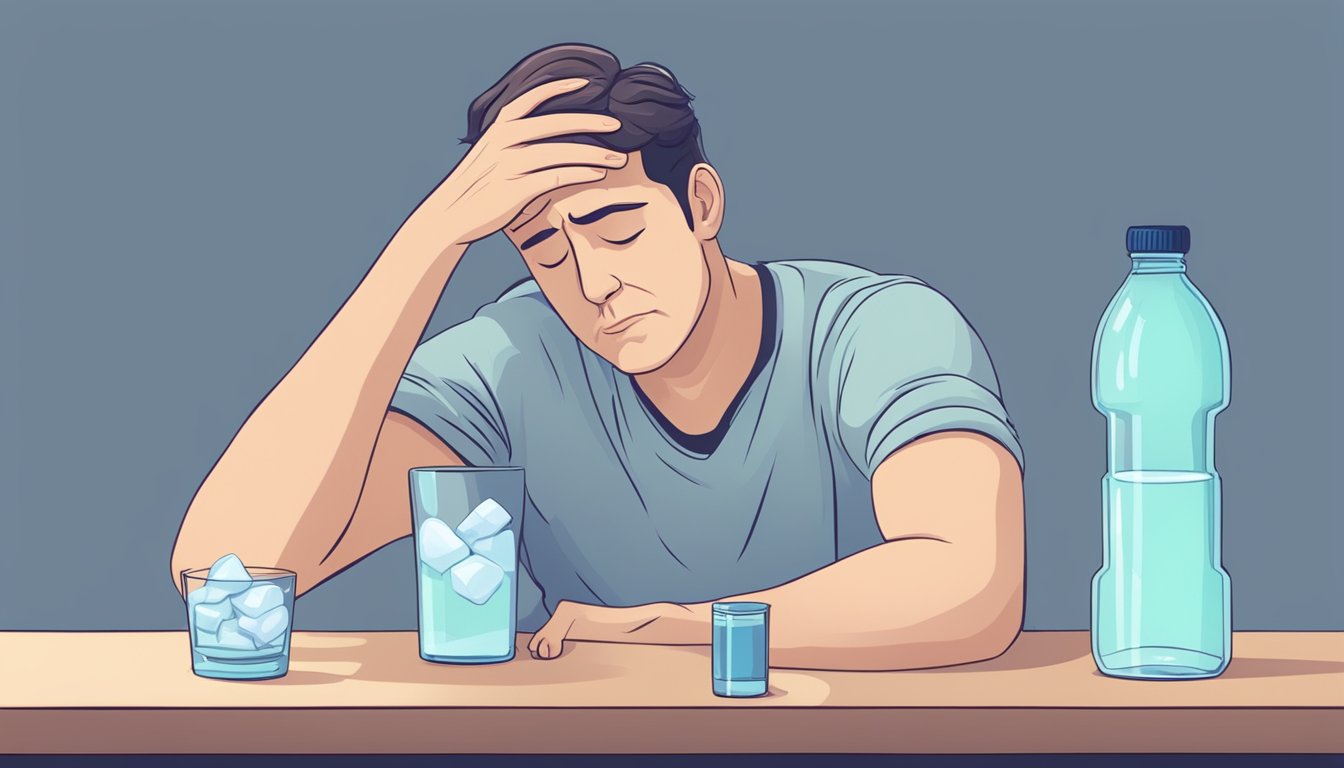 A person holding their head in pain, with a furrowed brow and closed eyes. A bottle of pain medication and a glass of water on a nearby table