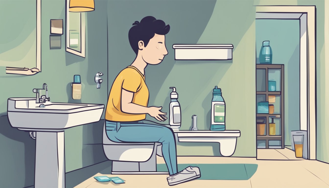 A person rushing to the bathroom multiple times, holding their stomach in discomfort, with a glass of water and a bottle of medication on the table