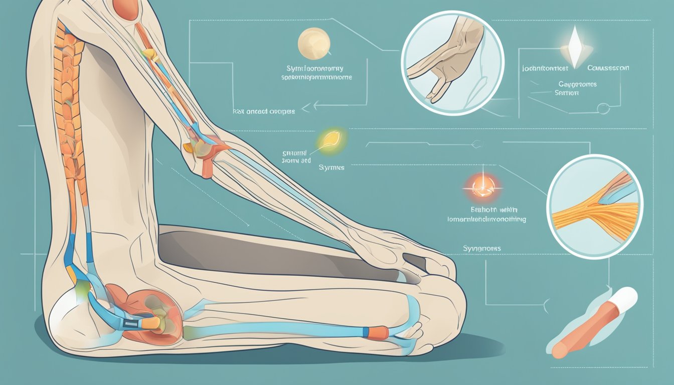 A person sitting with a pained expression, holding a joint with discomfort. A diagram of the joint with arrows pointing to symptoms and causes