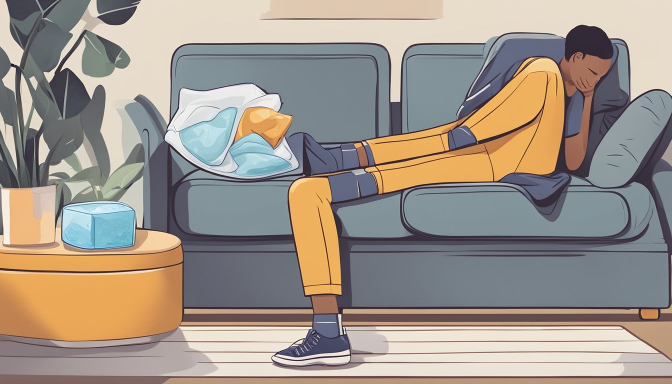 A person sitting on a couch, holding their knee in discomfort. A heating pad and ice pack are nearby, along with a notebook of home remedies