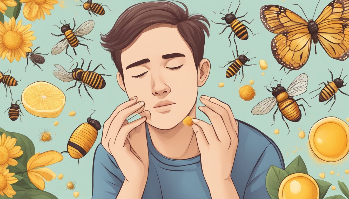 A person with hives scratching their irritated skin, surrounded by various allergens like pollen, pet dander, and insect bites