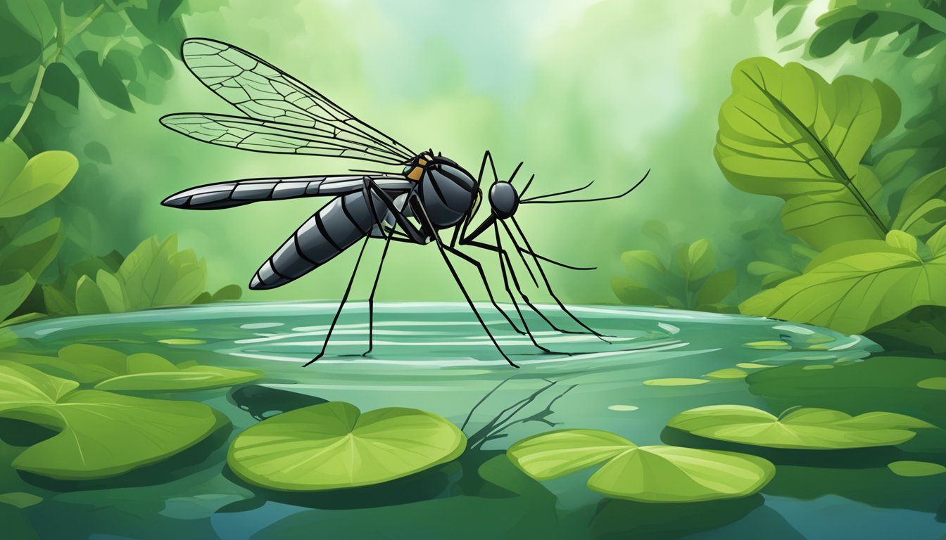 A mosquito hovers over a stagnant pool of water, surrounded by lush green foliage