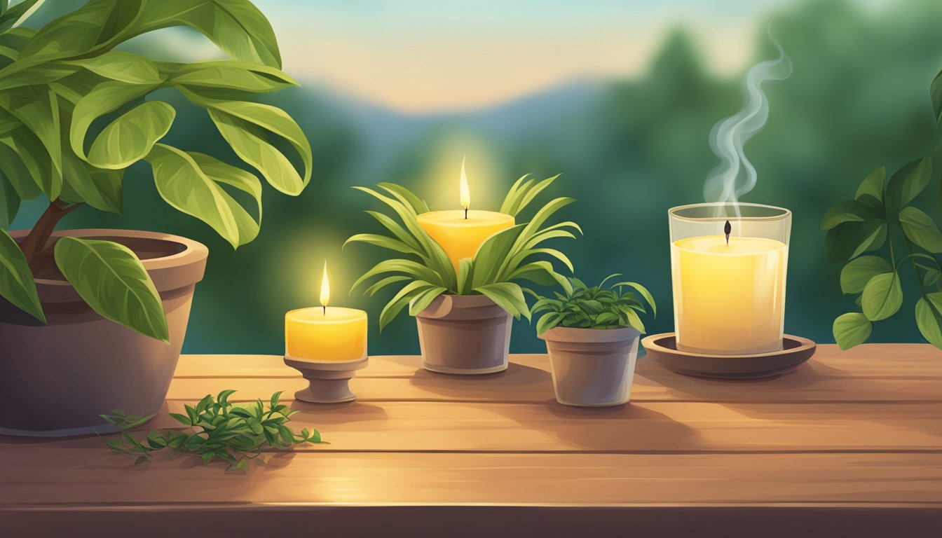 A serene outdoor scene with a mosquito repellent candle burning on a table, surrounded by potted plants and a citronella plant