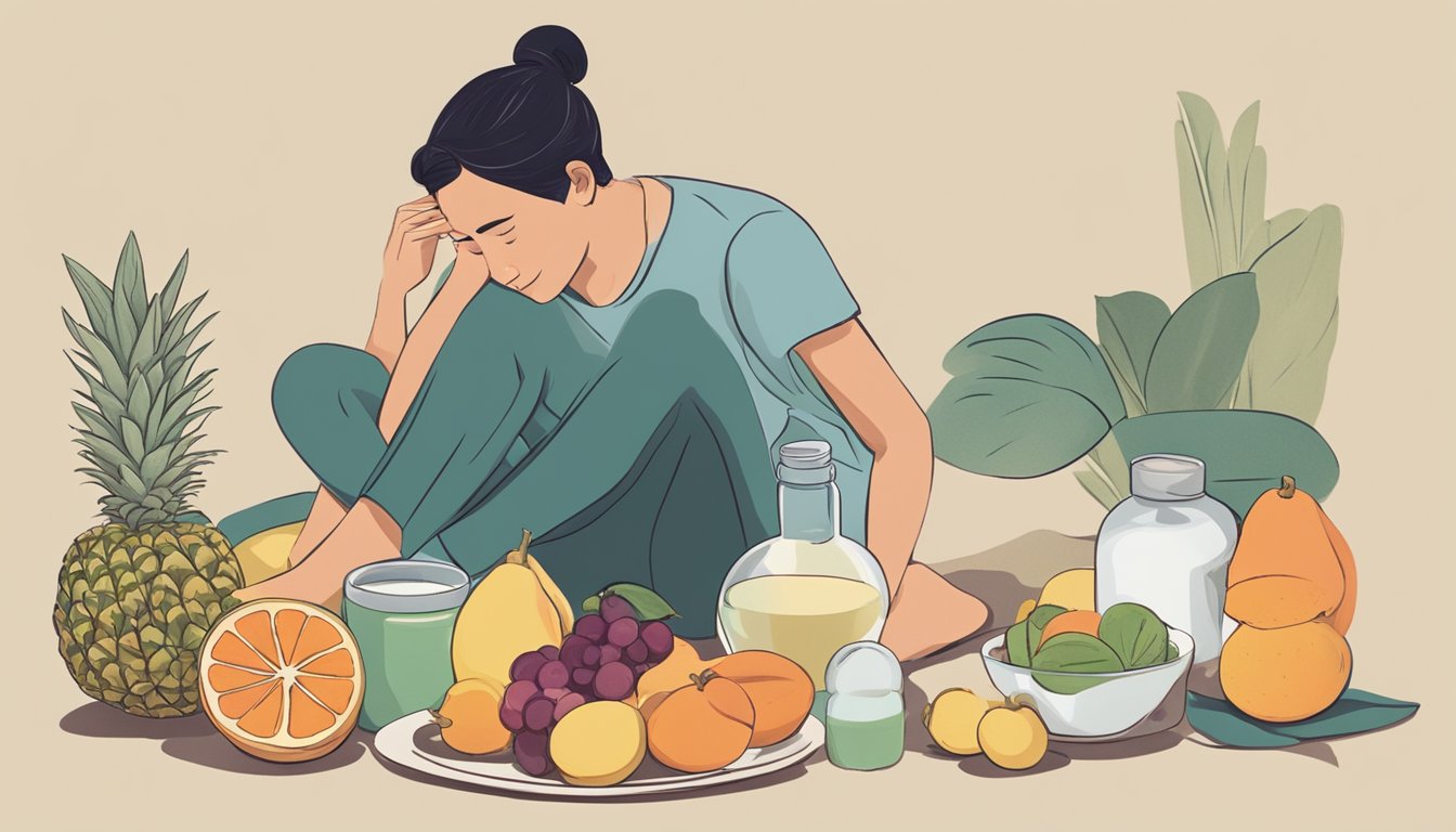 A person sitting on a cushion, wincing in discomfort while holding their lower back. A bottle of soothing cream and a bowl of fiber-rich fruits sit on the table beside them