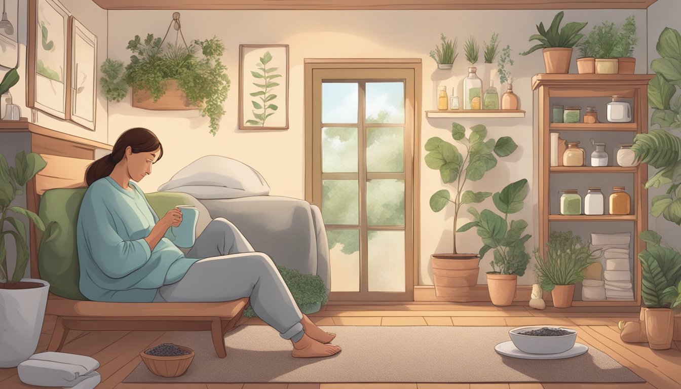 A peaceful, cozy home setting with a person feeling discomfort in their abdomen, surrounded by soothing herbal remedies and a list of IBS symptoms and causes