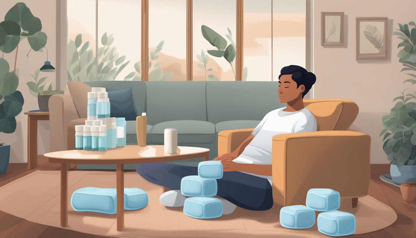 A person sitting in a cozy living room, surrounded by heating pads, ice packs, and bottles of pain relief cream