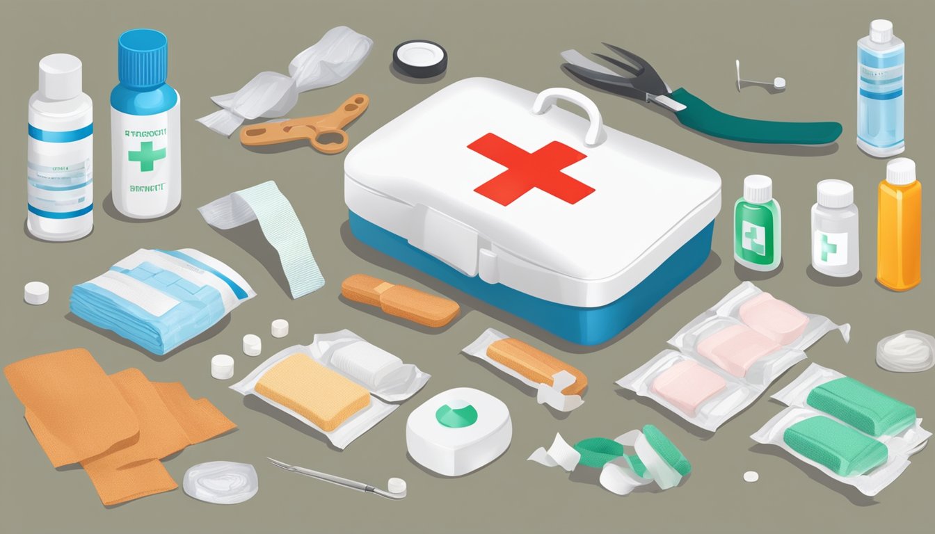 A first aid kit open on a table, with bandages, antiseptic, and ointment laid out. A few minor bruises and cuts are shown on a diagram