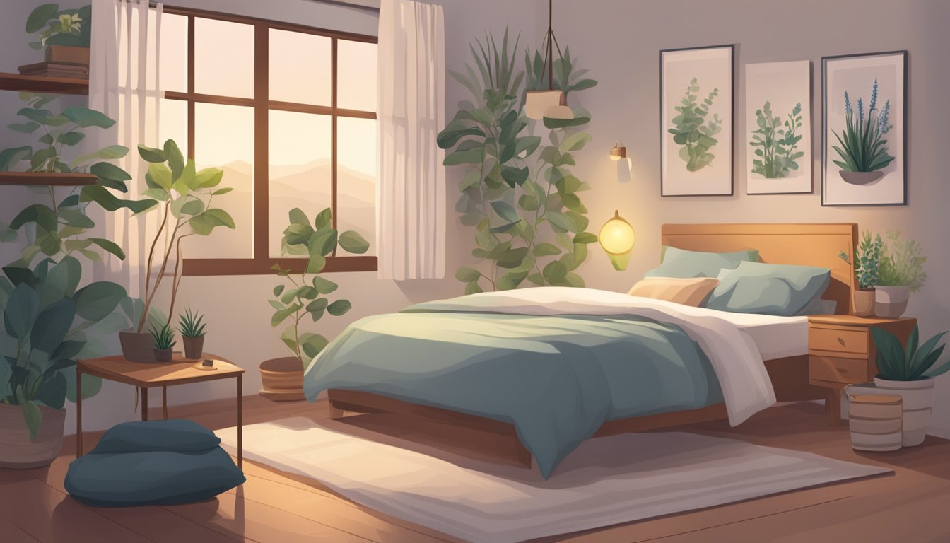 A peaceful bedroom with a cozy bed, dim lighting, and calming decor. A cup of herbal tea and a book on natural remedies sit on the nightstand