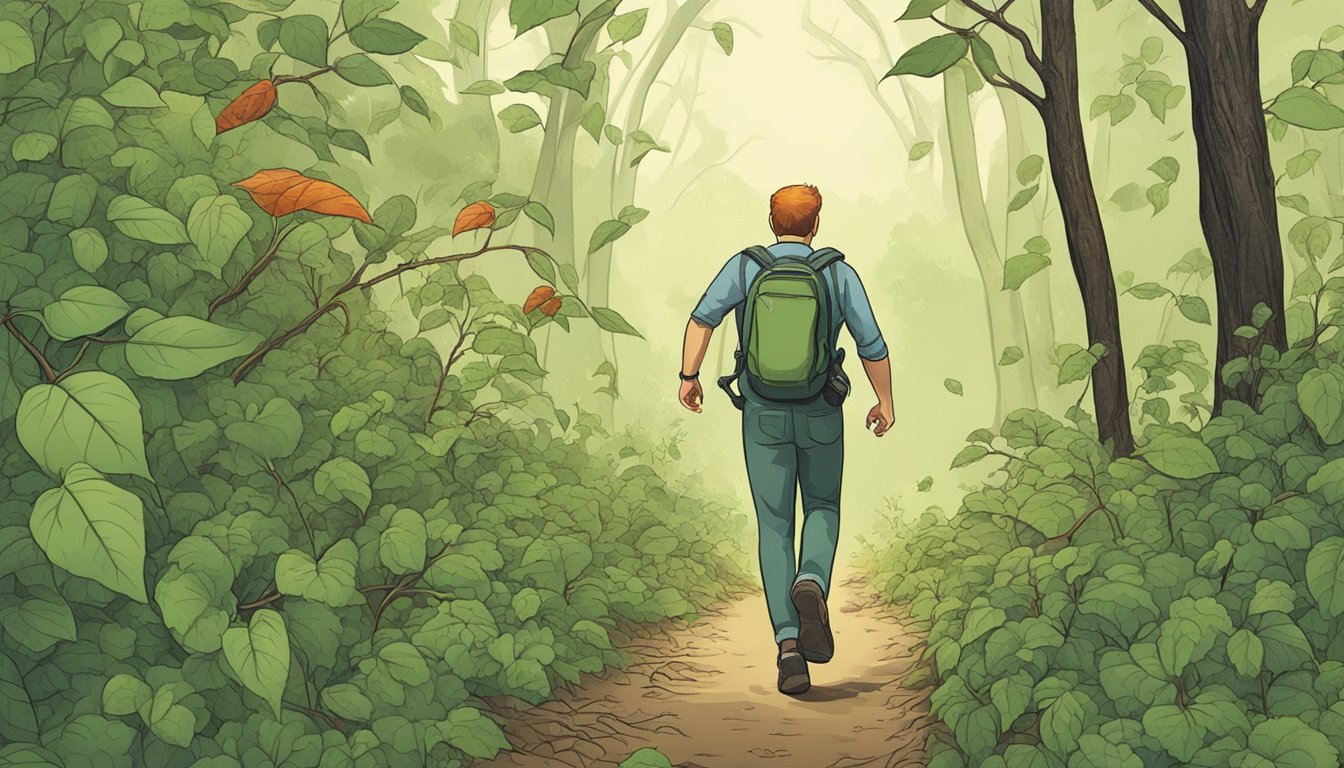 A person walking through the woods, coming into contact with poison ivy, and developing a red, itchy rash on their skin