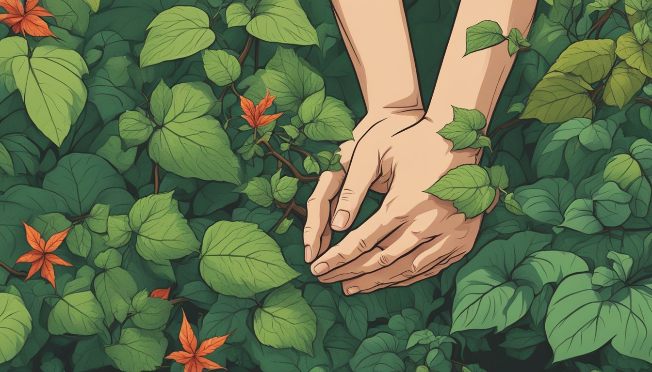 A person scratching a red, inflamed rash on their arm while surrounded by poison ivy plants in a forest clearing