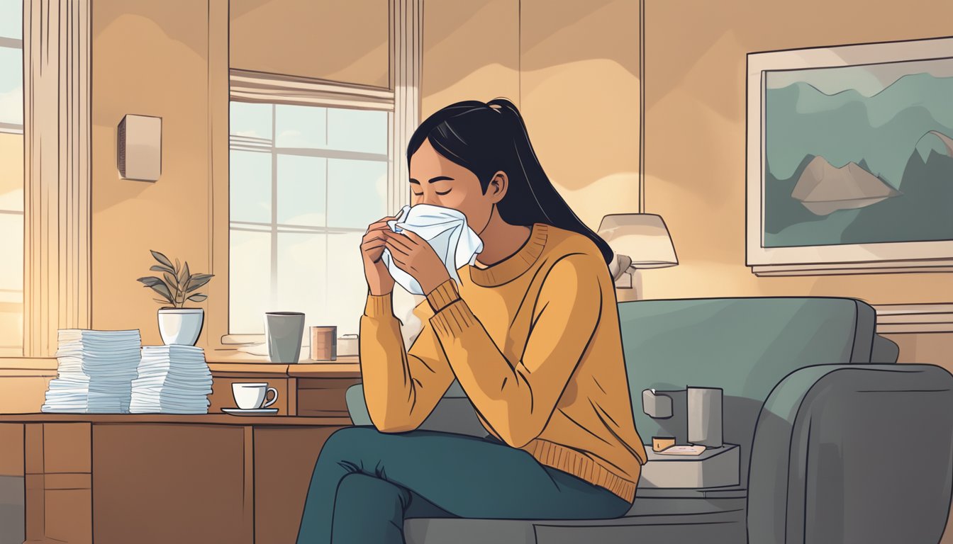 A person holding a tissue to their nose, surrounded by a box of tissues, a cup of tea, and a humidifier in a cozy, dimly lit room