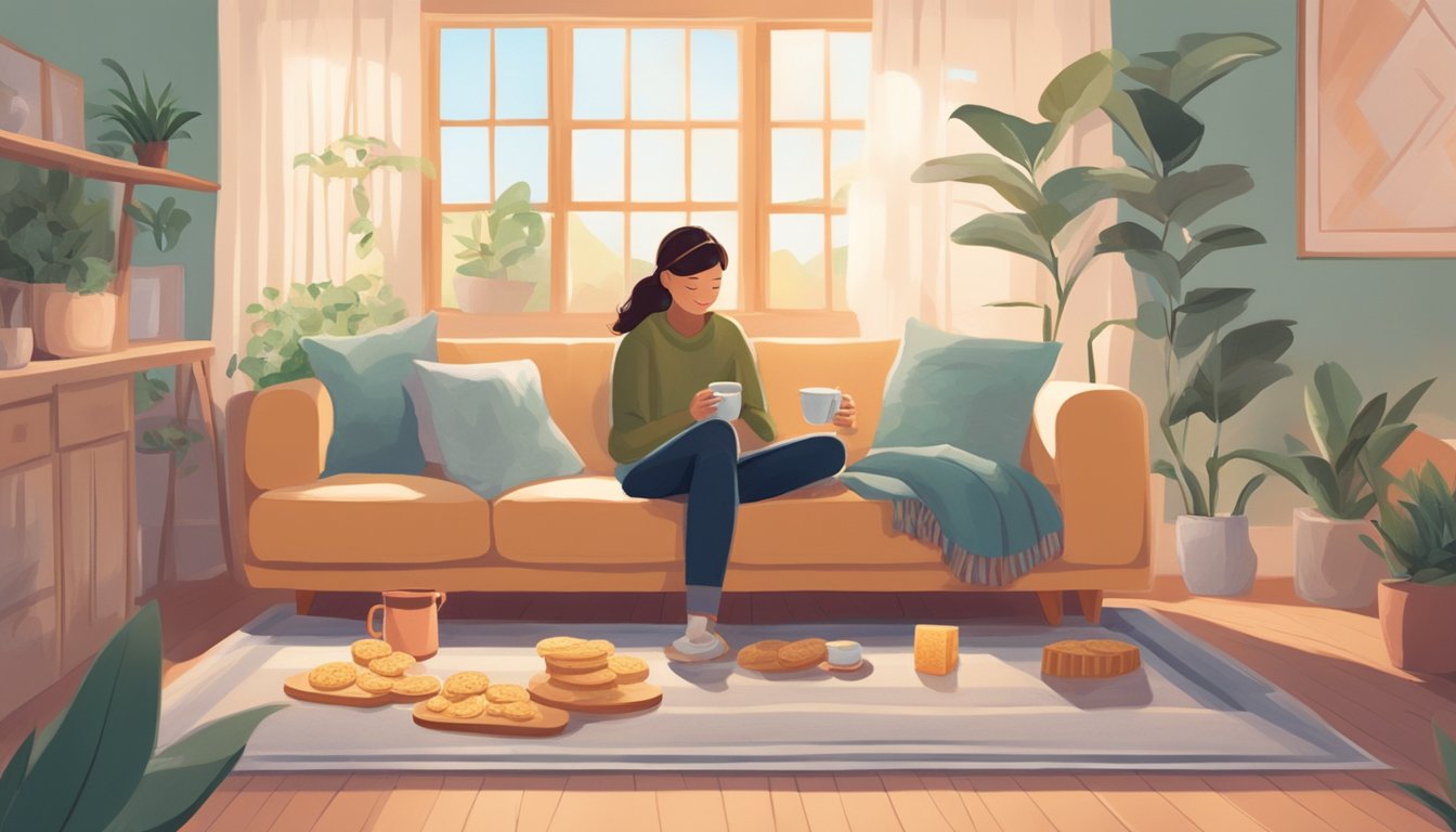 A cozy home setting with a person sitting on a couch, sipping ginger tea and eating plain crackers while surrounded by a soothing environment with soft lighting and calming colors