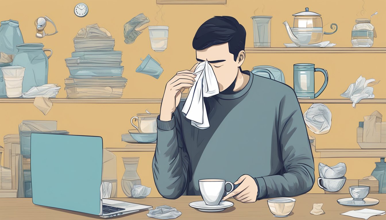 A person holding a tissue to their nose, surrounded by tissues, a thermometer, and a cup of tea