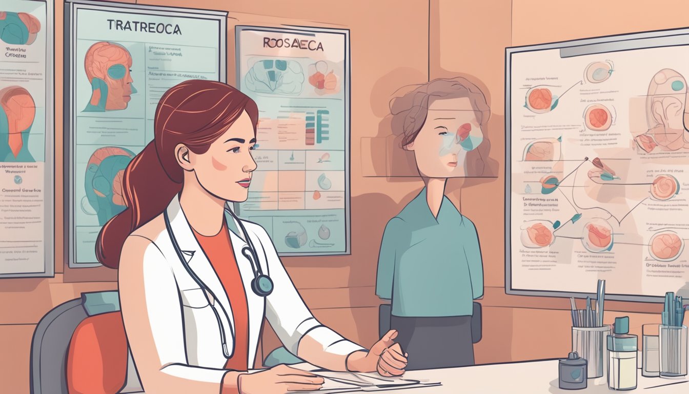 A woman with red, inflamed cheeks sits in a dermatologist's office, discussing treatment options with the doctor. A chart on the wall shows the symptoms and causes of rosacea