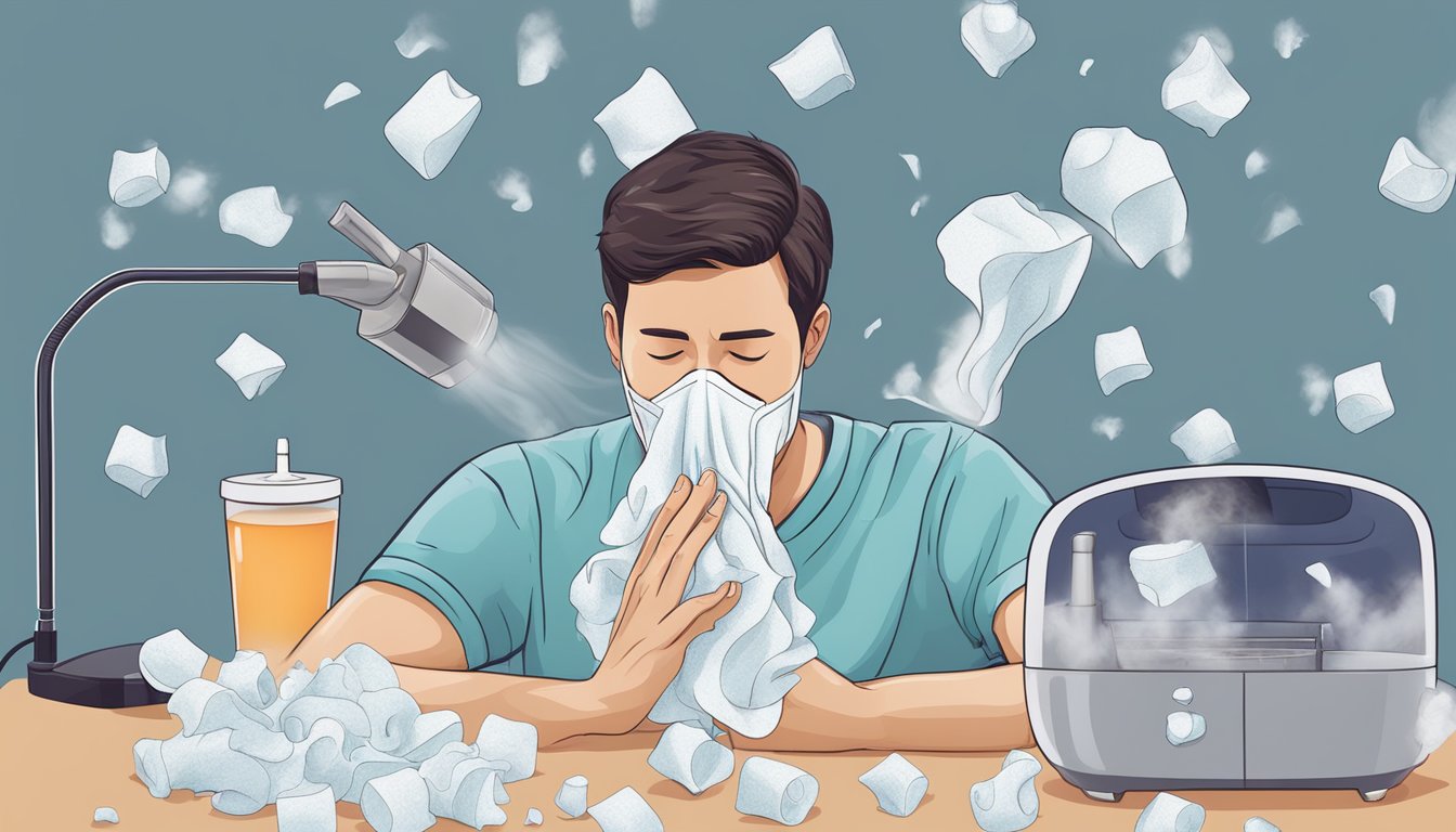 A person holding their nose while surrounded by tissues and a humidifier